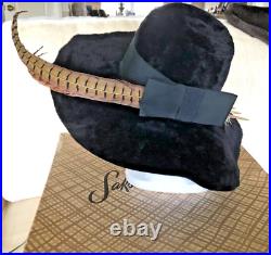 VTG 1950s Lady's I. J. Fisher Black Fur, ribbon, pheasant feathers, big brim Hat