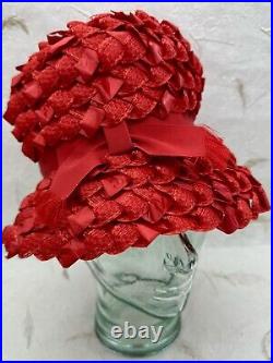 VTG 1960's Cloche Woven Straw Ribbon Hat Genevieve Original Red With Ribbon Bow