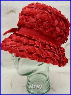 VTG 1960's Cloche Woven Straw Ribbon Hat Genevieve Original Red With Ribbon Bow