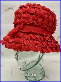 VTG 1960's Cloche Woven Straw Ribbon Hat Genevieve Original Red With Ribbon Bow