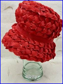 VTG 1960's Cloche Woven Straw Ribbon Hat Genevieve Original Red With Ribbon Bow