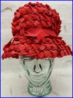 VTG 1960's Cloche Woven Straw Ribbon Hat Genevieve Original Red With Ribbon Bow