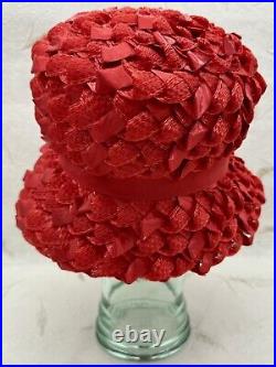 VTG 1960's Cloche Woven Straw Ribbon Hat Genevieve Original Red With Ribbon Bow