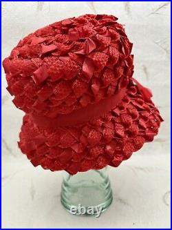 VTG 1960's Cloche Woven Straw Ribbon Hat Genevieve Original Red With Ribbon Bow