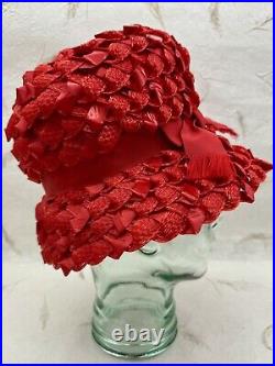 VTG 1960's Cloche Woven Straw Ribbon Hat Genevieve Original Red With Ribbon Bow