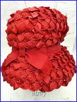 VTG 1960's Cloche Woven Straw Ribbon Hat Genevieve Original Red With Ribbon Bow