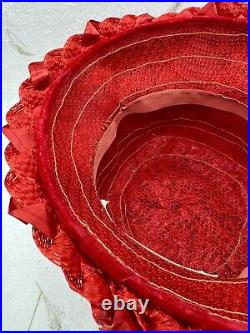 VTG 1960's Cloche Woven Straw Ribbon Hat Genevieve Original Red With Ribbon Bow