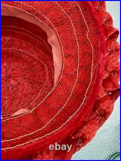 VTG 1960's Cloche Woven Straw Ribbon Hat Genevieve Original Red With Ribbon Bow