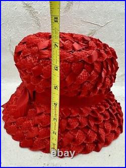 VTG 1960's Cloche Woven Straw Ribbon Hat Genevieve Original Red With Ribbon Bow