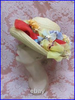 VTG 1960s CHRISTIAN DIOR Straw Victorian Rev HAT SPRING FLOWERS & RED POPPIES