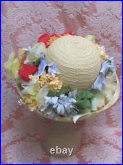 VTG 1960s CHRISTIAN DIOR Straw Victorian Rev HAT SPRING FLOWERS & RED POPPIES