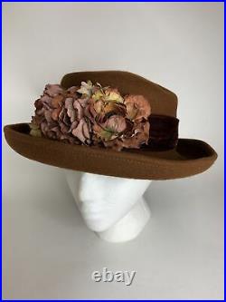 VTG 1990s Felt Blossom Hat Brown Flowers Velvet