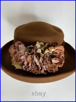 VTG 1990s Felt Blossom Hat Brown Flowers Velvet