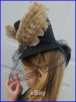 VTG 40's Marche Hats/NY Creation felt tilt/doll hat Couture Avant GardeBLK