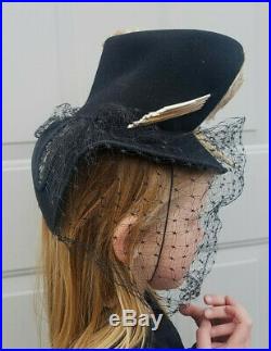 VTG 40's Marche Hats/NY Creation felt tilt/doll hat Couture Avant GardeBLK