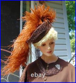 VTG 40s Stetson Mistral Brown Felt Hat Orange Plume Long Veil