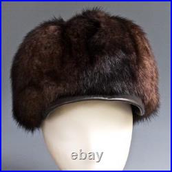 VTG 60s 70s Frederick Fox Mitzi Lorenz Mod Mink Fur Hat Tall Cabbie Leather Brim