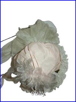 VTG Elsie Massey Collection Victorian Satin, Train Flowers Feathers Derby Pink