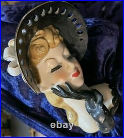 VTG Estate Lady Head Vase Hat Gold Trim Gloves Blond Polka Dot Bow Lashes 7