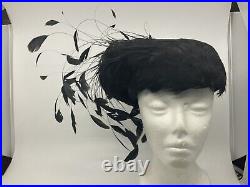 VTG George Zamau'l Black Pin Feathers Hat Wool Glamour Stunning