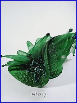 VTG Gladys Mcfaddin Green Sequin, Bead, Organza Straw Cockail Hat