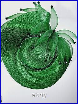 VTG Gladys Mcfaddin Green Sequin, Bead, Organza Straw Cockail Hat