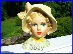 VTG Lady Headvase Relpo 2091 Blue Eyes Blonde Wavy Hair Yellow Hat Orange Bow 7