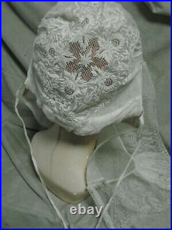 VTG Large LACE Folk Hat Headdress EMBROIDERY Tambour Bonnet White Bridal