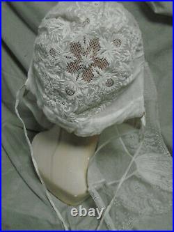 VTG Large LACE Folk Hat Headdress EMBROIDERY Tambour Bonnet White Bridal