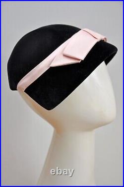 VTG Vintage 1960s 60s Black Velvet Pink Velvet Bow HATTIE CARNEGIE Party Hat