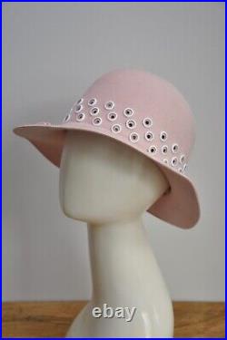 VTG Vintage 1970s ADOLFO II Pale Pink Wool Bucket Wide Brim Hat White Grommets