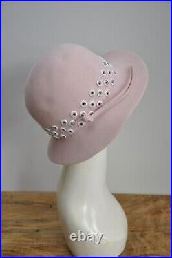 VTG Vintage 1970s ADOLFO II Pale Pink Wool Bucket Wide Brim Hat White Grommets