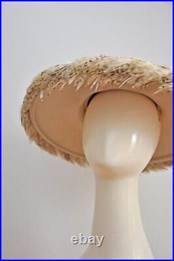 VTG Vintage 50s 1950s New Look Wide Brim Saucer Felted Wool Feathered Hat Floral