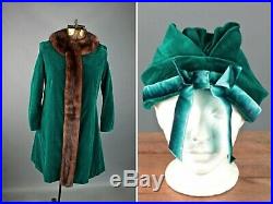 VTG Women's 1960s Emerald Velvet Coat W Fur Collar Sz S W Hat #2966 60s Green