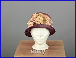VTG Women's 20s Purple Straw Hat W Pink Velvet Flowers 1920s