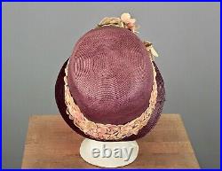 VTG Women's 20s Purple Straw Hat W Pink Velvet Flowers 1920s