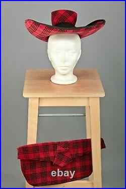 VTG Women's 30s 40s Black & Red Plaid Velvet Hat & Clutch Set 1930s 1940s
