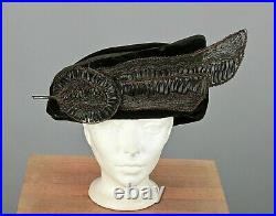 VTG Women's Antique Teens Black Velvet Asymmetrical Hat 1910s