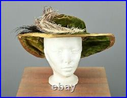 VTG Women's Antique Teens Green Velvet Hat W Feathers 1910s