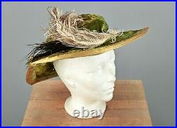 VTG Women's Antique Teens Green Velvet Hat W Feathers 1910s
