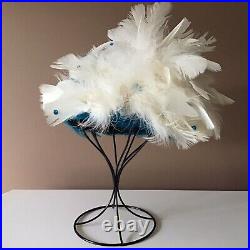 VTG Women's Hat Turquoise Feathers White Plume Flapper Glam Cocktails Collect