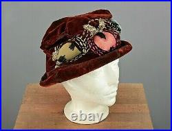 VTG Women's Teens / 1910s-1920s Brown Velvet Embroidered Hat 20s