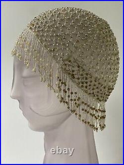 Vanilla Cream Silver Taupe Hand Beaded Art Deco Flapper Style Vintage Head Cap S