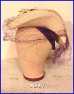 Vict/Edwith30s-40s FINE Straw TILT HAT withFlowers, Purple Net by New York Creations