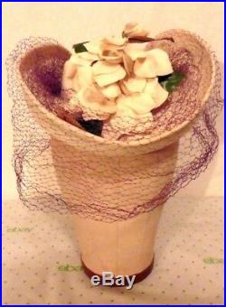Vict/Edwith30s-40s FINE Straw TILT HAT withFlowers, Purple Net by New York Creations