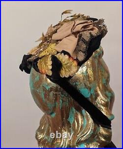 Victorian 1870's Bonnet Hat W Velvet Leaves + Lace + Gold Hand Blown Beads
