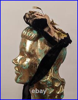 Victorian 1870's Bonnet Hat W Velvet Leaves + Lace + Gold Hand Blown Beads