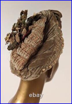 Victorian 1870's Horsehair Ruffle Bonnet W Thick Floral Bouquet