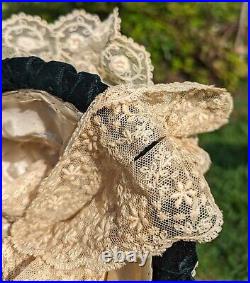Victorian 1880's Lace Bonnet W Black Velvet Brim + Floral Bouquet Trim