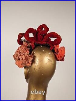 Victorian 1880's Wired Burnt Orange Silk Velvet Crown Bonnet W Rich Florals